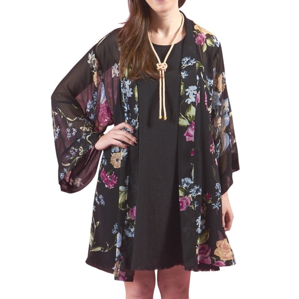 HELENA QUINN Black GEORGETTE Floral Print 3/4 SLEEVE Pockets KIMONO/TOPPER OSFM